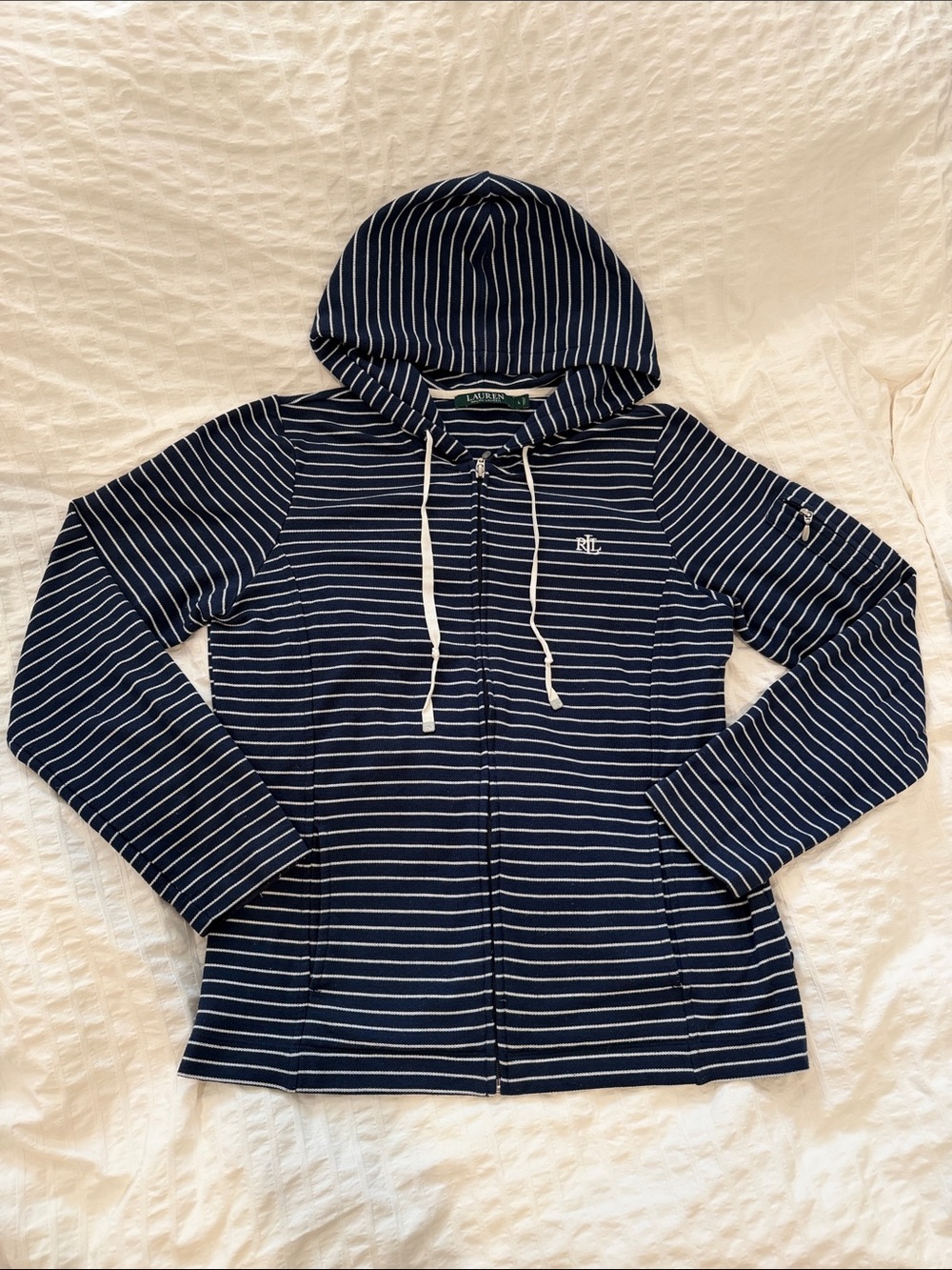 Ralph Lauren Woman’s Navy and White Striped Zip-Up Hoodie/ Size Small/ Excellent